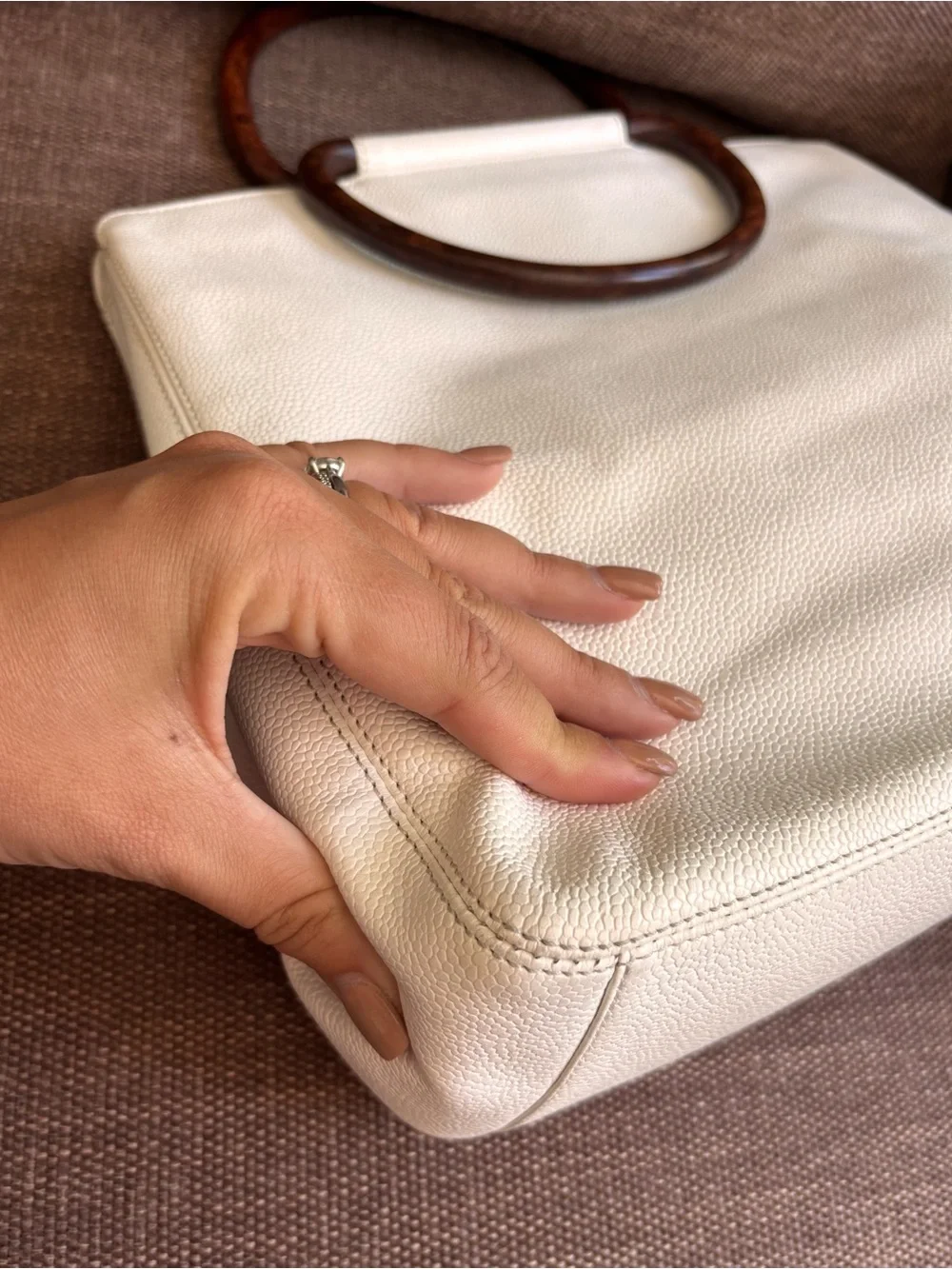 Authentic CHANEL white caviar leather wooden handles satchel bag